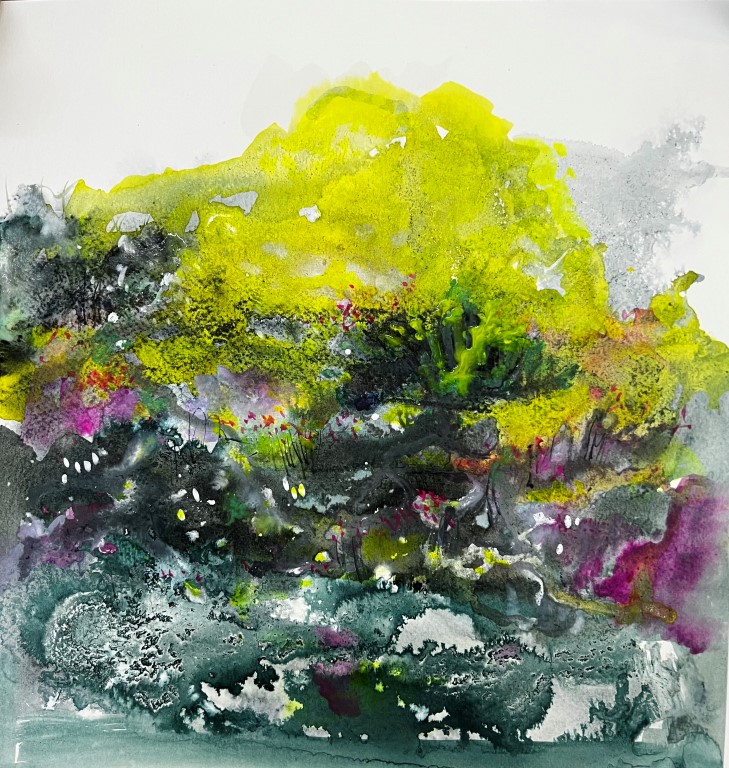 Green peak - Works on paper: Paintings/Landscapes: water mixed media, 14"×14", USD 450